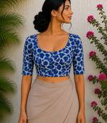 Blue premium cotton handblock printed blouse