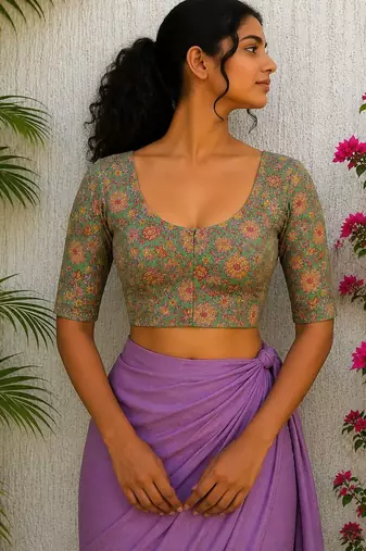 Green premium cotton handblock printed blouse