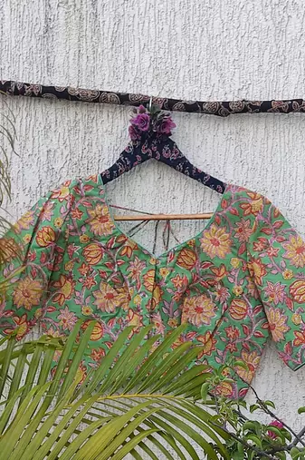 Green premium cotton handblock printed blouse