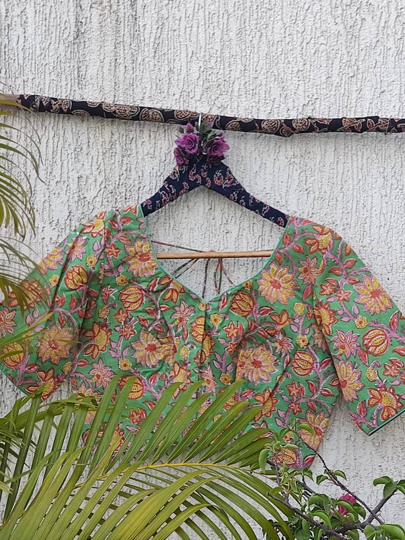 Green premium cotton handblock printed blouse
