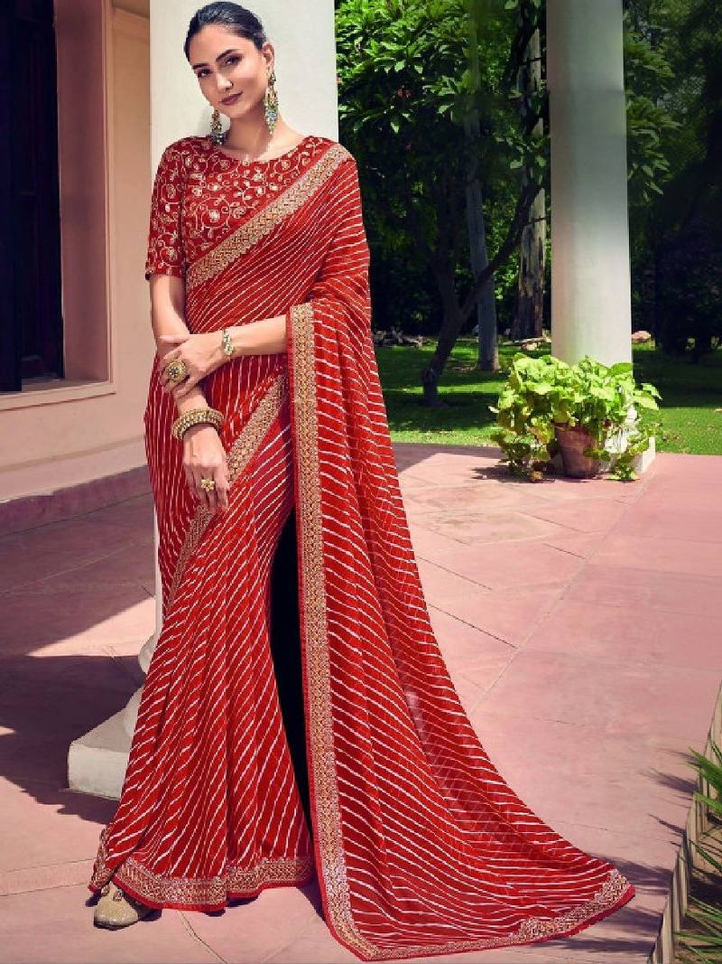 Leheriya embroidered pure georgette fusion leheriya saree