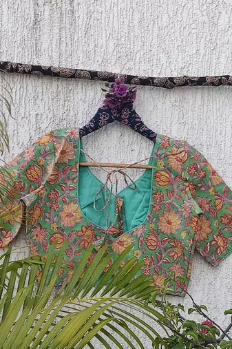 Green premium cotton handblock printed blouse