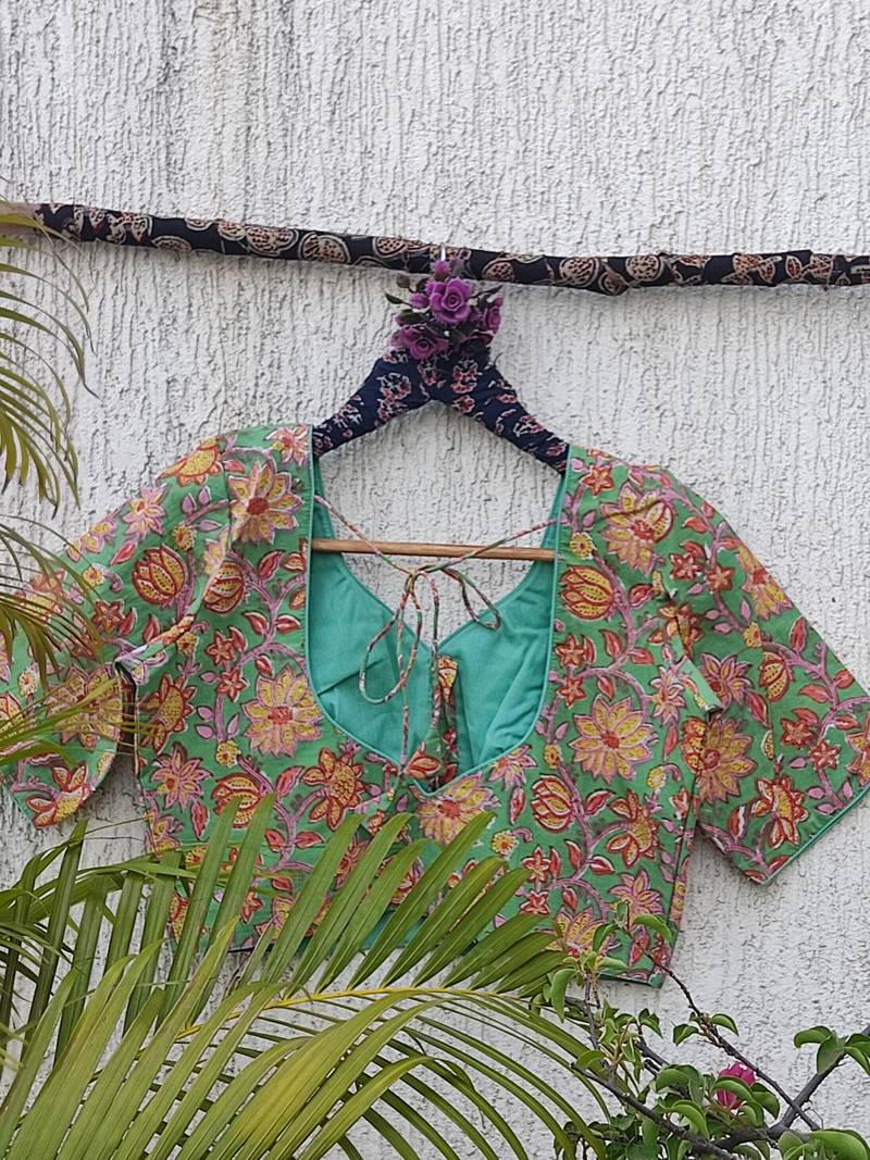 Green premium cotton handblock printed blouse