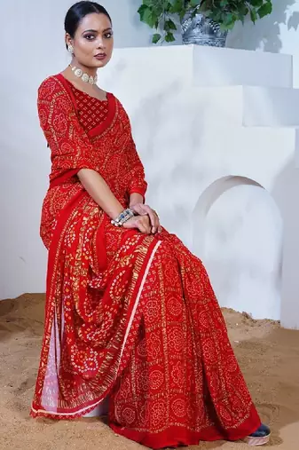 Bandhani poly georgette leheriya saree