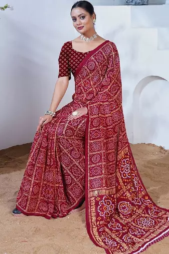 Bandhani poly georgette leheriya saree