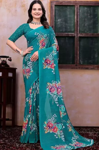 Floral poly georgette bandhani saree