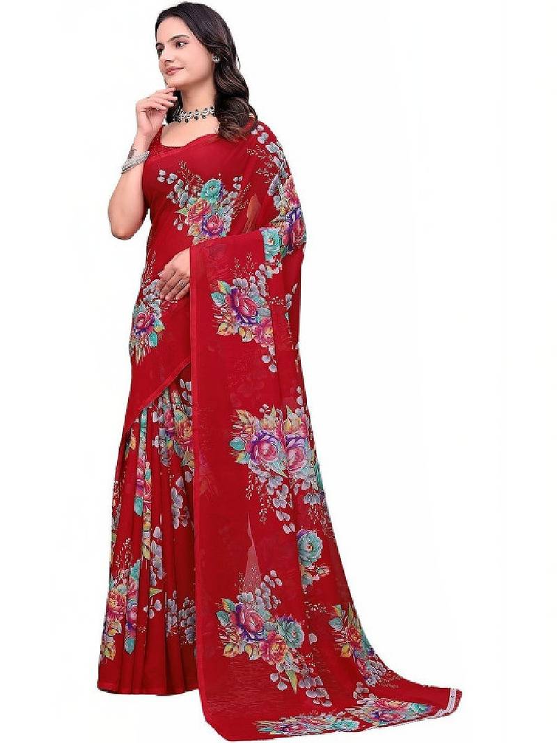 Floral poly georgette bandhani saree
