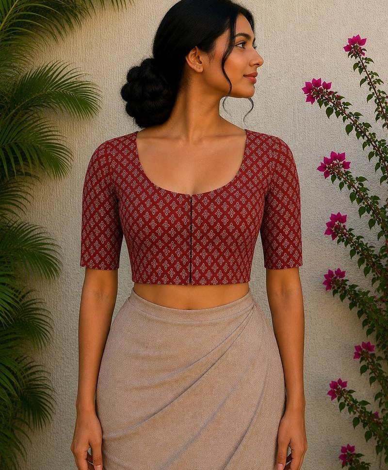 Maroon premium cotton handblock printed blouse