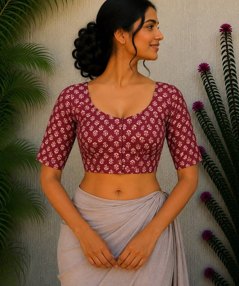 Maroon premium cotton handblock printed blouse