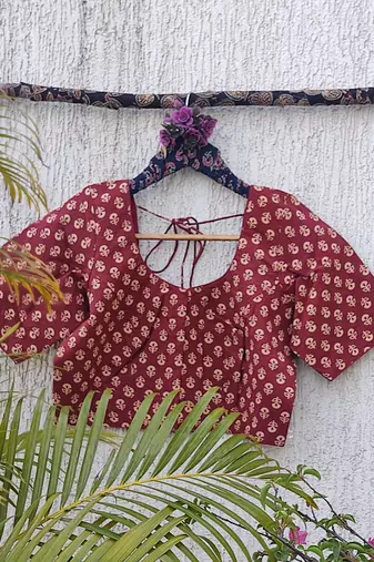 Maroon premium cotton handblock printed blouse