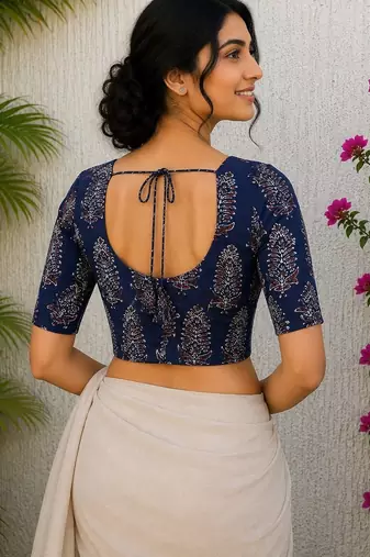 Navy blue premium cotton handblock printed blouse