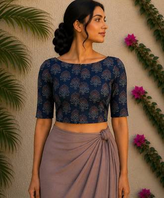 Navy blue premium silk blend elbow sleeves blouse 1