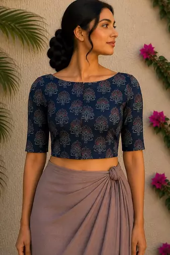 Navy blue premium silk blend elbow sleeves blouse