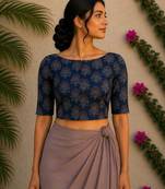 Navy blue premium silk blend elbow sleeves blouse