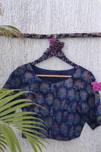 Navy blue premium silk blend elbow sleeves blouse