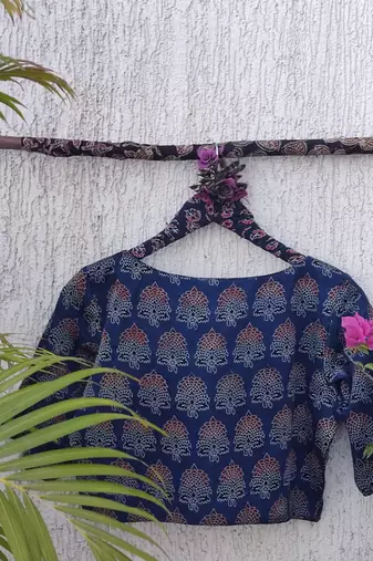 Navy blue premium silk blend elbow sleeves blouse