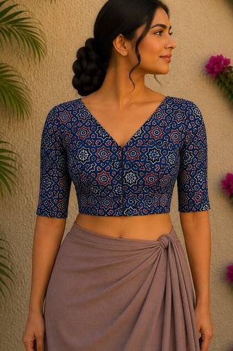 Navy blue premium silk blend elbow sleeves blouse