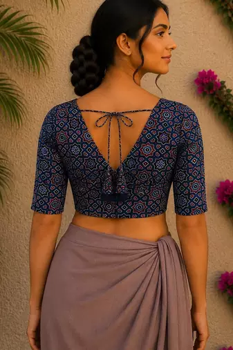 Navy blue premium silk blend elbow sleeves blouse