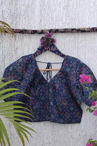 Navy blue premium silk blend elbow sleeves blouse