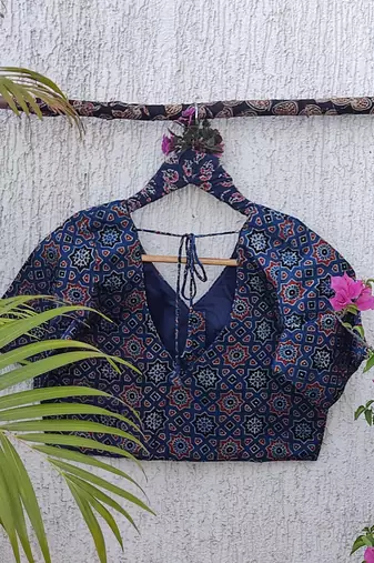 Navy blue premium silk blend elbow sleeves blouse