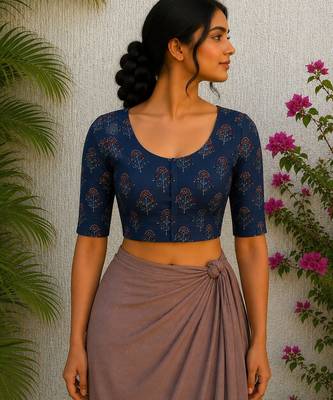 Navy blue premium silk blend elbow sleeves blouse 1