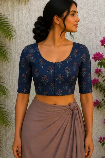 Navy blue premium silk blend elbow sleeves blouse