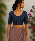Navy blue premium silk blend elbow sleeves blouse