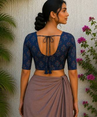 Navy blue premium silk blend elbow sleeves blouse 2