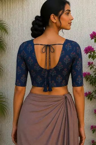 Navy blue premium silk blend elbow sleeves blouse