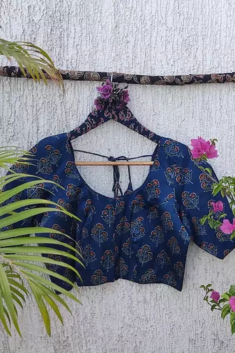 Navy blue premium silk blend elbow sleeves blouse