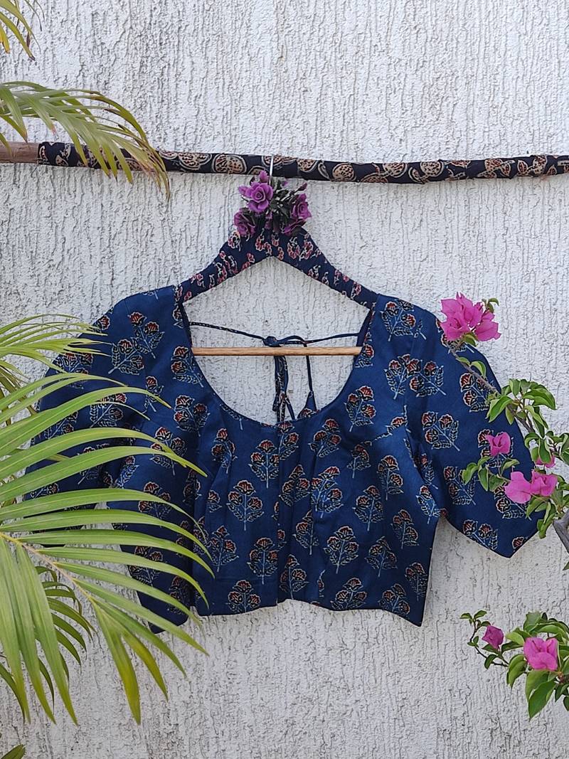 Navy blue premium silk blend elbow sleeves blouse