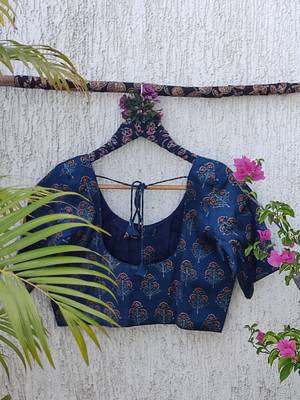 Navy blue premium silk blend elbow sleeves blouse 4