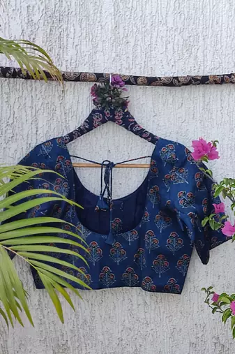 Navy blue premium silk blend elbow sleeves blouse