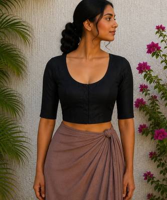 Black premium silk blend elbow sleeves blouse 1
