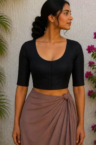 Black premium silk blend elbow sleeves blouse