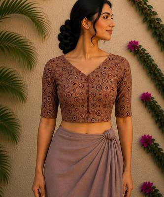 Brown premium silk blend elbow sleeves blouse 1