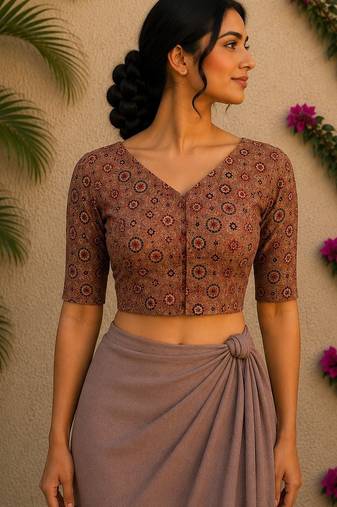 Brown premium silk blend elbow sleeves blouse