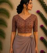 Brown premium silk blend elbow sleeves blouse