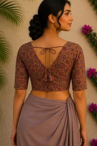 Brown premium silk blend elbow sleeves blouse