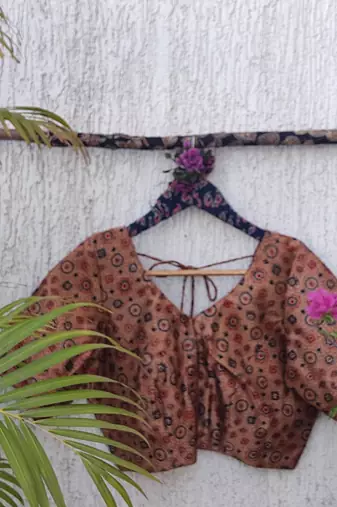 Brown premium silk blend elbow sleeves blouse