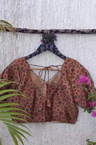 Brown premium silk blend elbow sleeves blouse