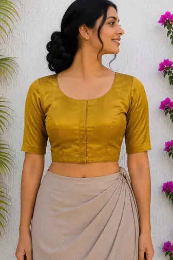Mustard premium silk blend elbow sleeves blouse
