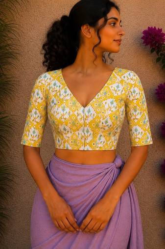 Yellow premium cotton handblock printed blouse