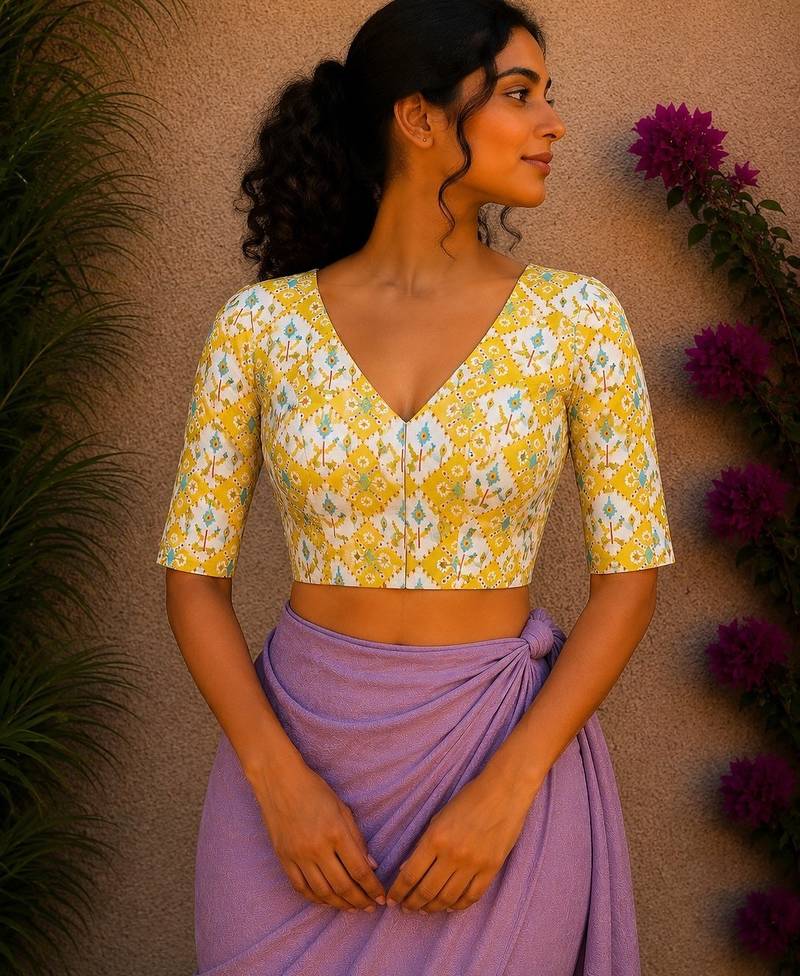 Yellow premium cotton handblock printed blouse
