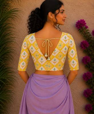 Yellow premium cotton handblock printed blouse 2