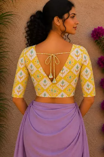 Yellow premium cotton handblock printed blouse
