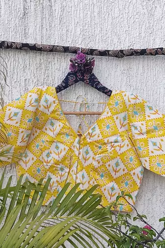 Yellow premium cotton handblock printed blouse