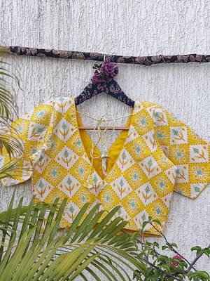 Yellow premium cotton handblock printed blouse 4