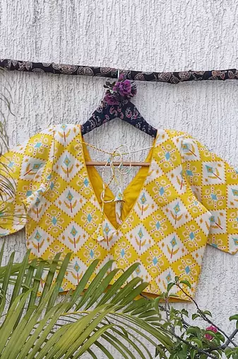 Yellow premium cotton handblock printed blouse
