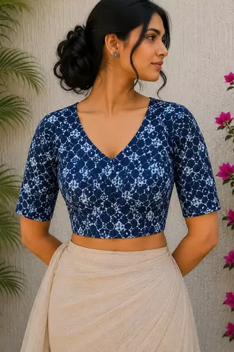 Blue premium cotton handblock printed blouse